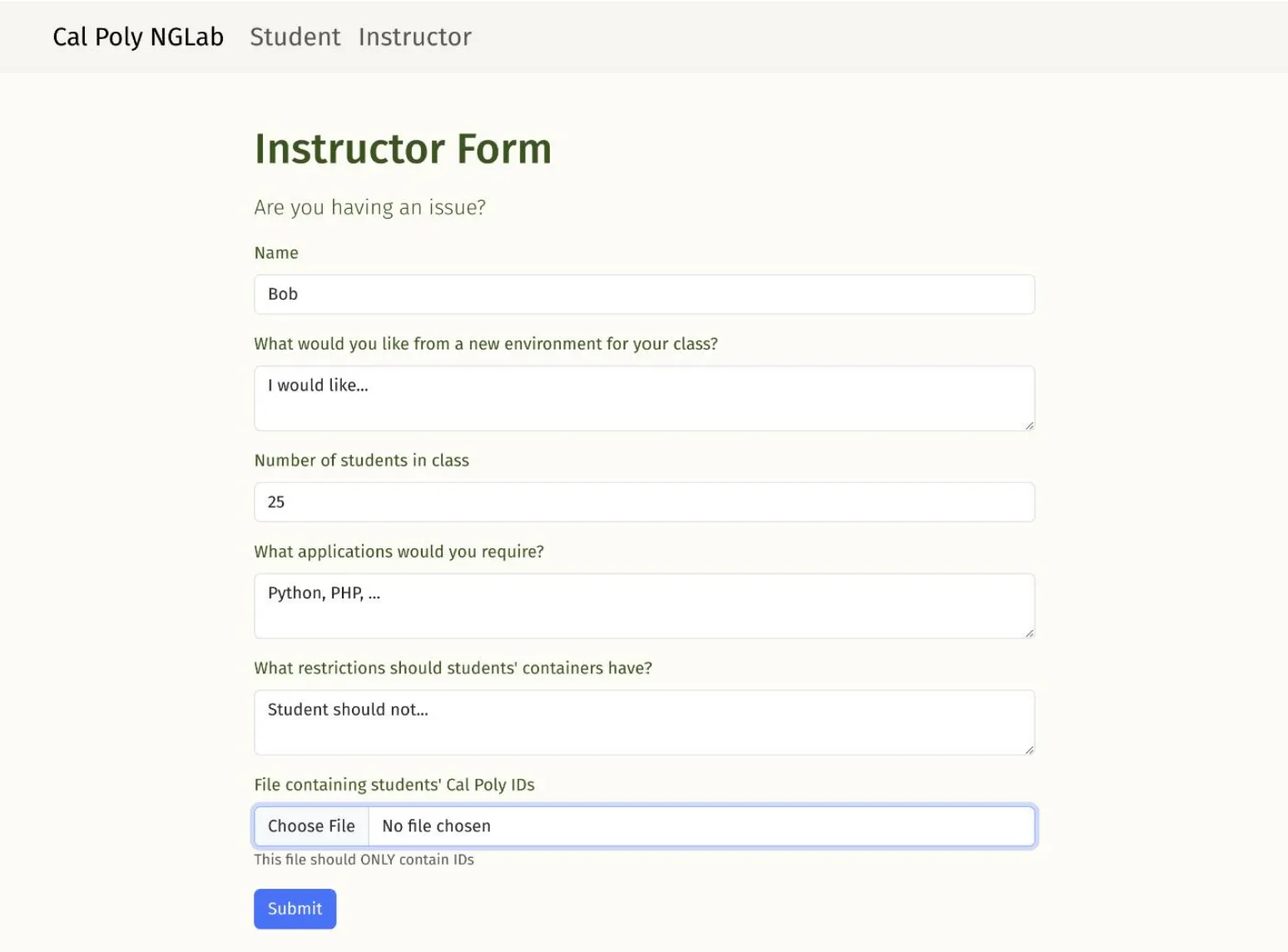 The request form of the server management web app.